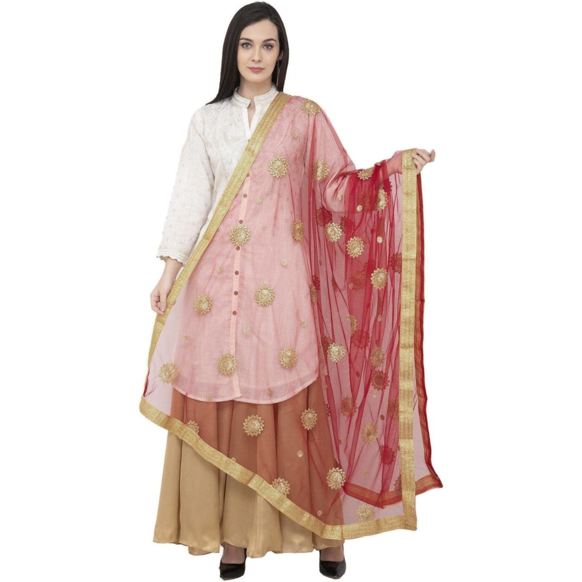 A R Silk Net Zari Flower Fancy Dupatta Mehroon Color Dupatta or Chunni | Grocsy