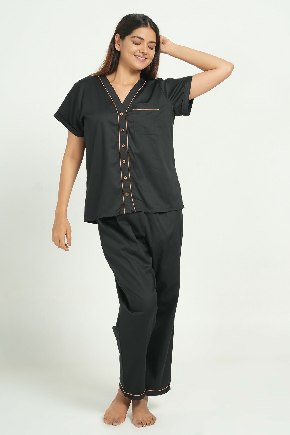 Breathables Women Cotton Night Suit Shirt And Pants Co-Ord Set I Night Wear | Co-Ord Set | Lounge Wear Set I Solid Colour | Grocsy