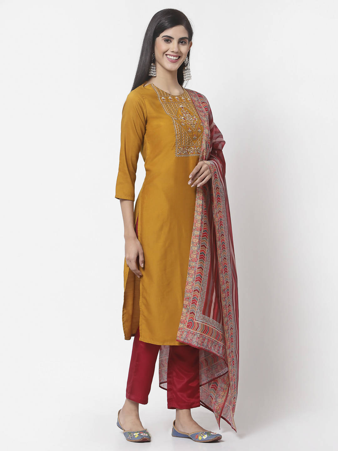 Myshka Women Mustard Viscose Embroidered 3/4 Sleeve Round Neck Kurta Pant Dupatta Set | Grocsy
