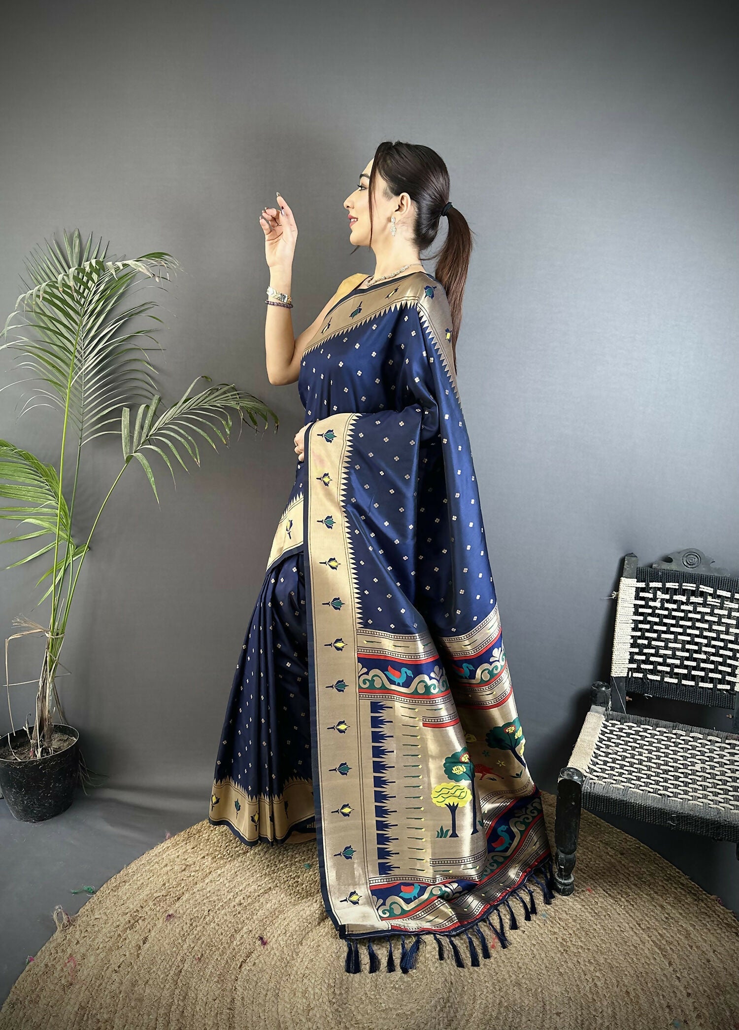 Joban Fashion Dark Blue Peacock & Floral Motifs Soft Lichi Silk Kanchipuram Saree | Grocsy