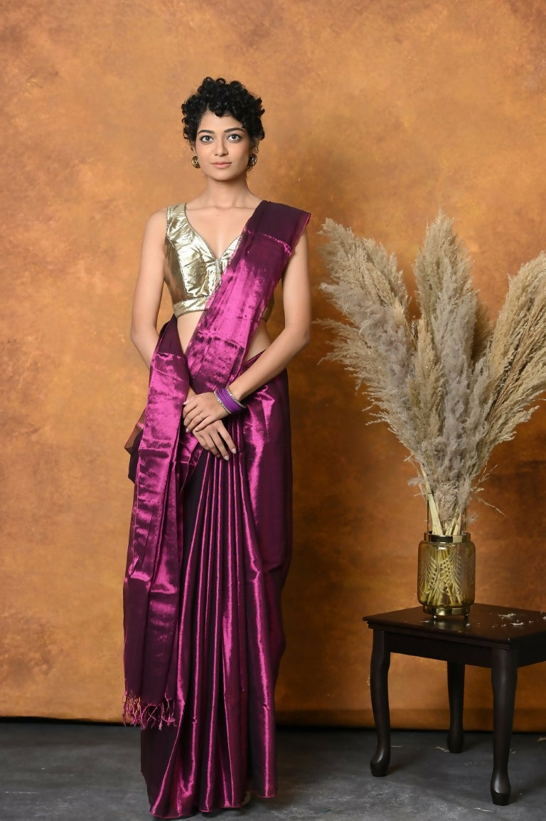 Very Much Indian Fusion Cotton Tissue Shimmer Saree - Maroon | Grocsy