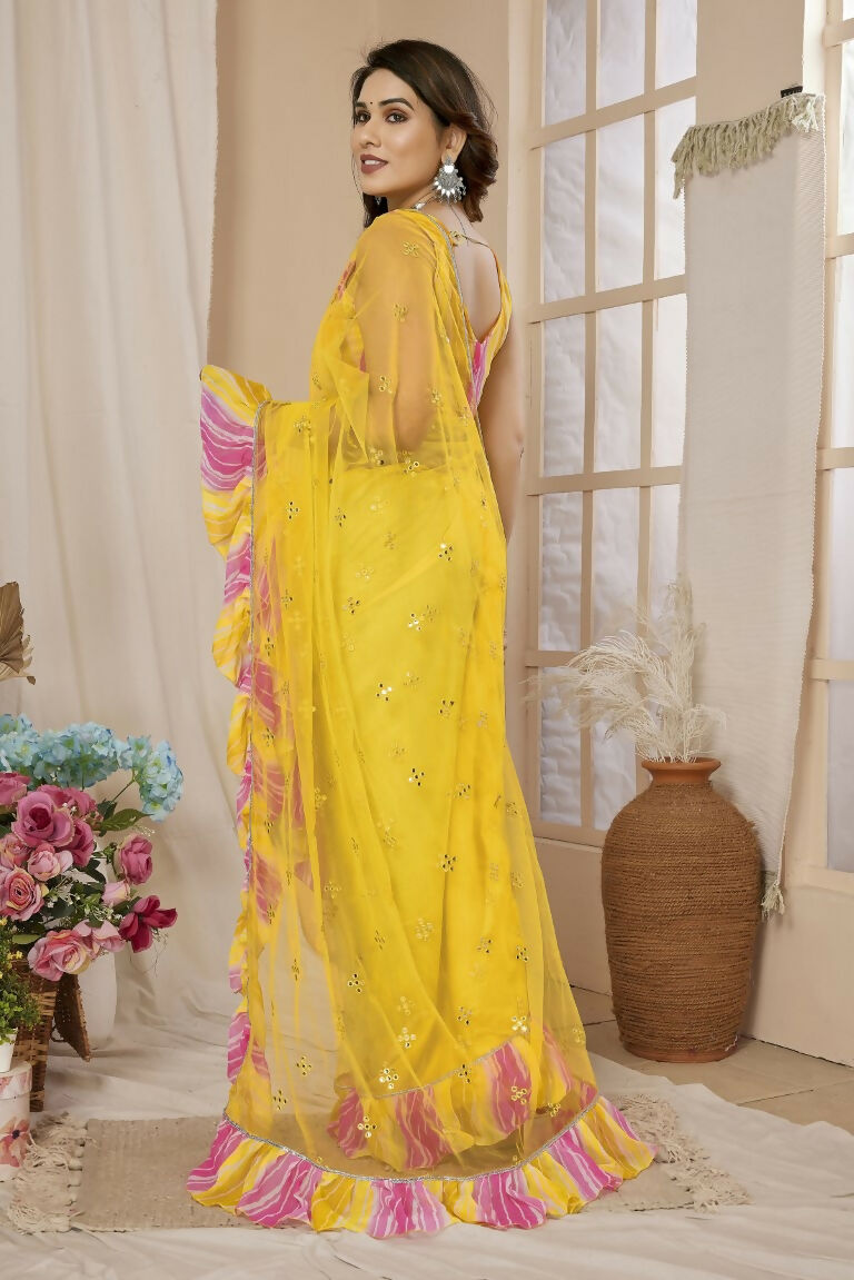 Partywear Designer Yellow Net Fancy Saree - Dyuti | Grocsy