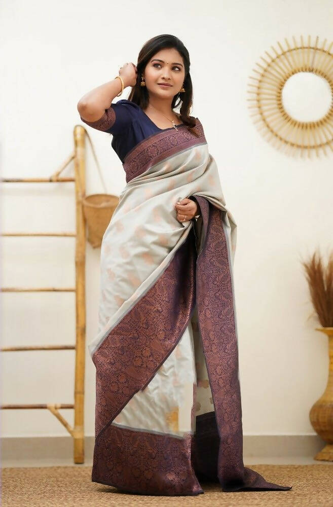 DEIANA'S Beautiful Designer Golden zari Soft Lichi Silk Saree - White | Grocsy