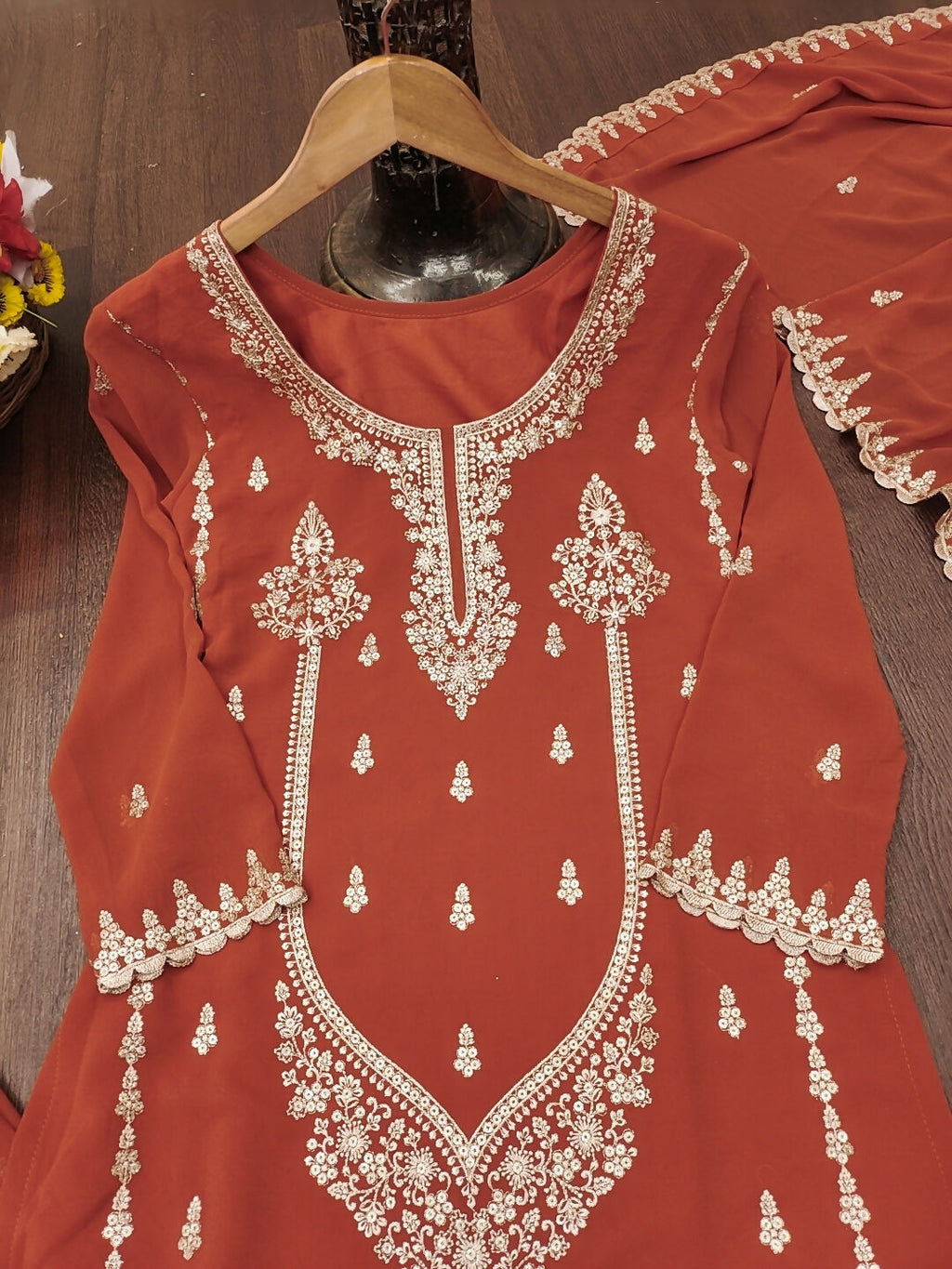 The52 Women's Gorgeous Embroidery Work Fox Georgette Fabric Straight Kurta Sharara and Dupatta Set-Orange | Grocsy