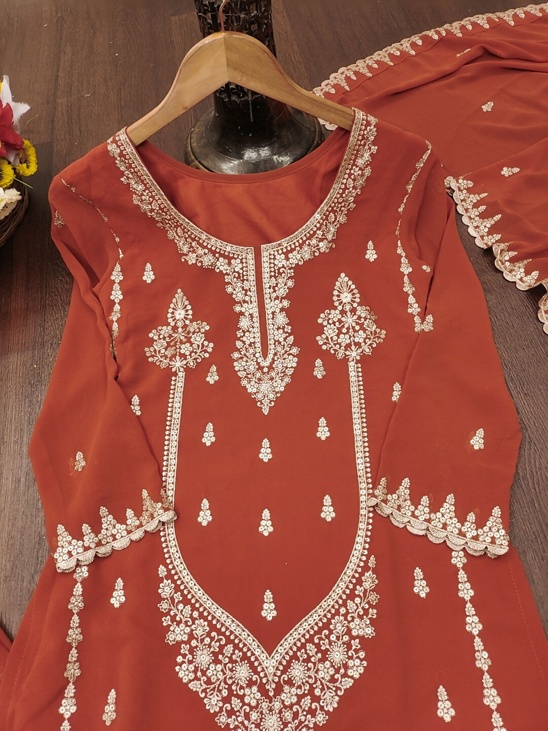 The52 Women's Gorgeous Embroidery Work Fox Georgette Fabric Straight Kurta Sharara and Dupatta Set-Orange | Grocsy