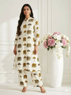 Teeya Creation Women New Trendy Off-White & Mustard Yellow Elephant Print Cotton Kurta with Palazzos | Grocsy