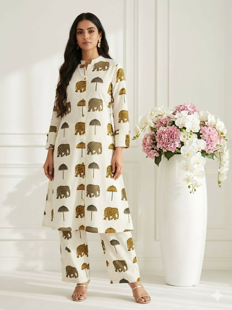 Teeya Creation Women New Trendy Off-White & Mustard Yellow Elephant Print Cotton Kurta with Palazzos | Grocsy
