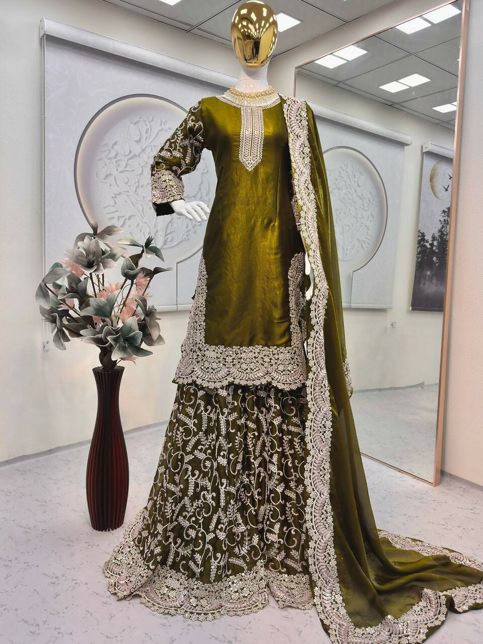 Teeya Creation Mehendi Fendy Satin Heavy Embrodiery Work Wedding Wear Salwar Suit | Grocsy