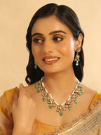 Nuyug 22K Gold Plated Pearl Empress Flora Green Stone Drops Necklace Set | Grocsy