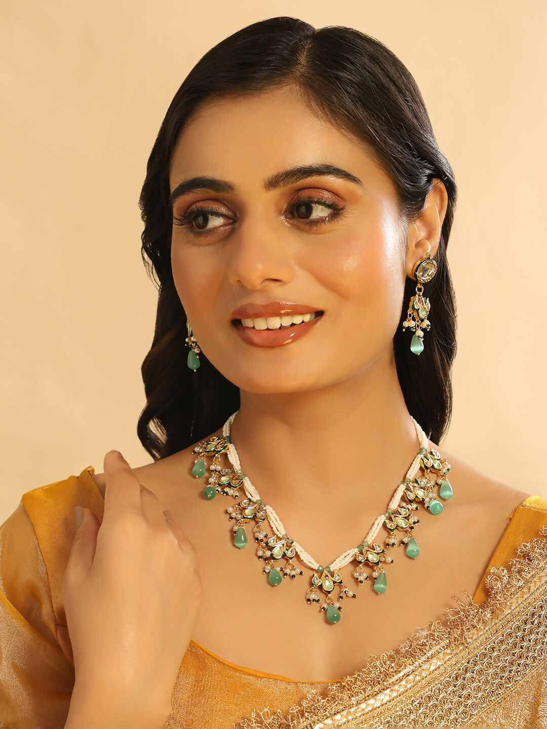 Nuyug 22K Gold Plated Pearl Empress Flora Green Stone Drops Necklace Set | Grocsy