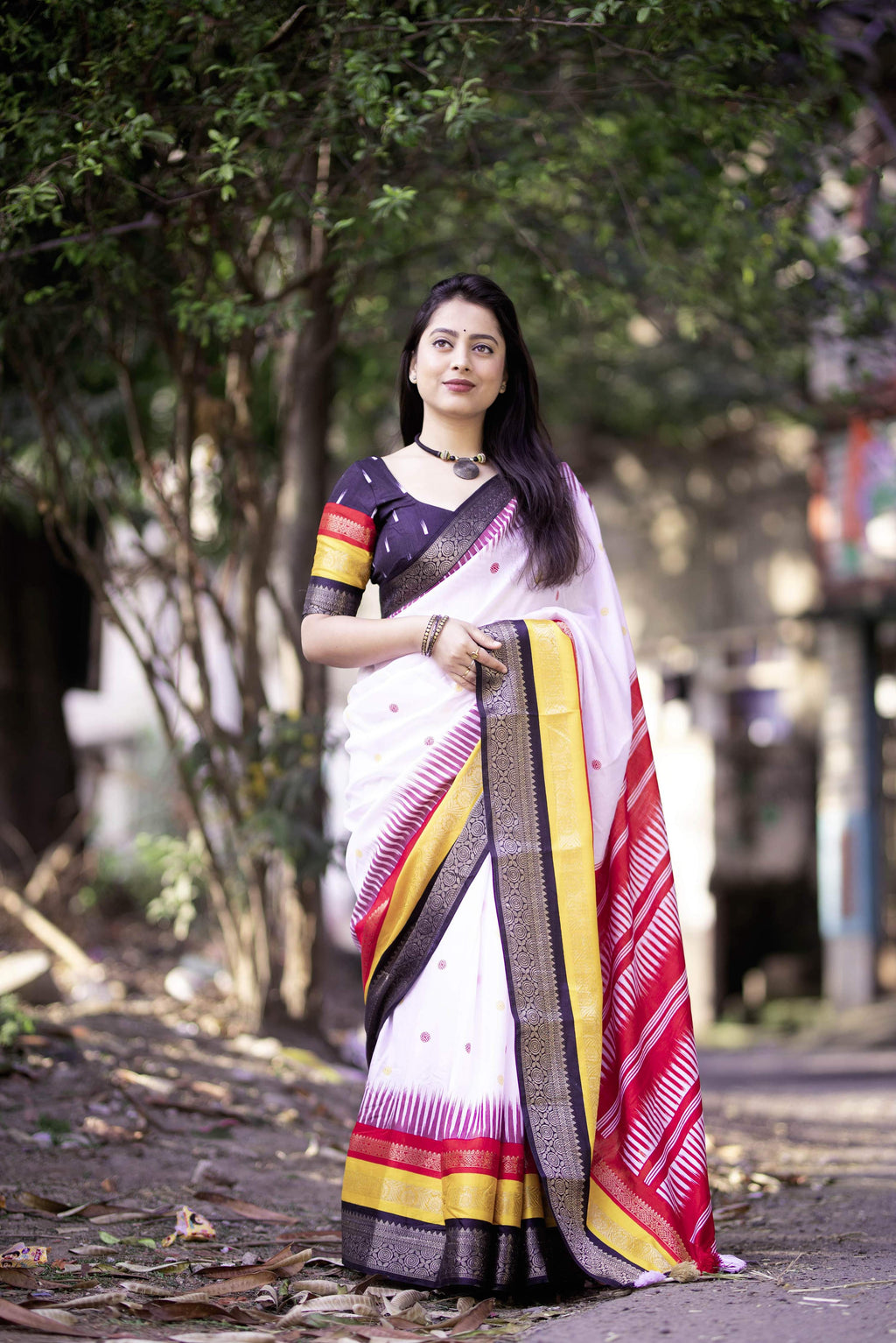 White Cotton Crepe Printed Saree with Unstitched Blouse - Hiral Fashion | Grocsy