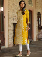 Juniper Women's Yellow Georgette Printed Kurta | Grocsy