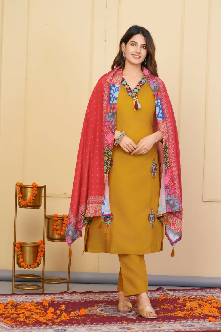 Mustered Viscose Chanderi Embroidered Stitched Suit With Dupatta - Tanisha | Grocsy