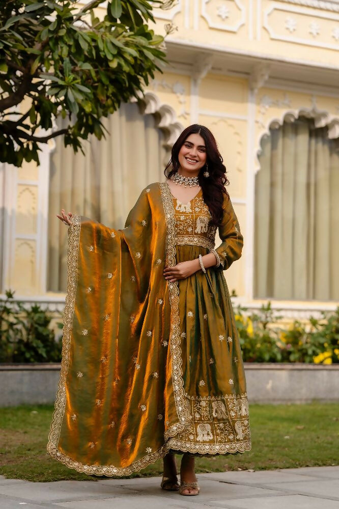 Teeya Creation Mehendi Primium Fendy Satin Silk Embroidery Work Wedding Wear Gown | Grocsy