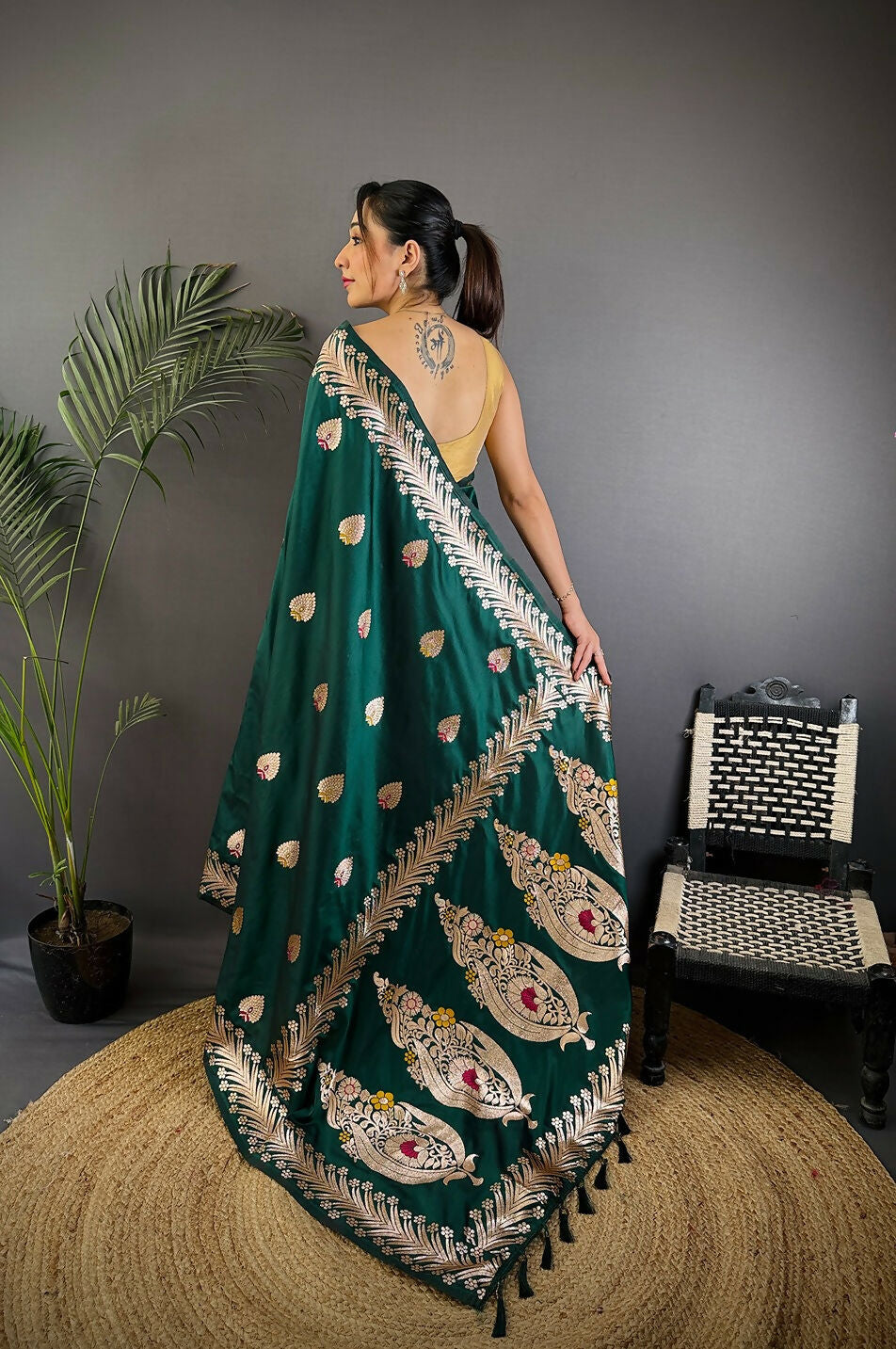 Joban Fashion Banarasi Deep Teal Woven Soft Silk Saree | Grocsy