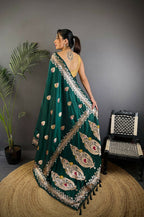 Joban Fashion Banarasi Deep Teal Woven Soft Silk Saree | Grocsy