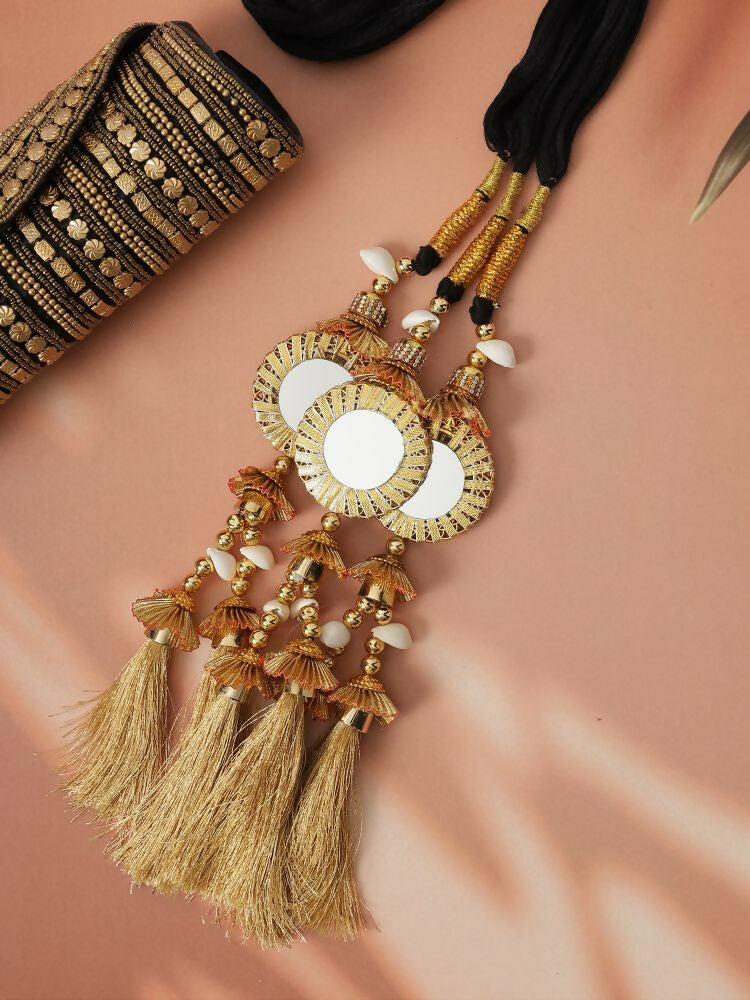 Ruby Raang Gold Gota Pati Work And Threads With Pearls And Black Thread And Mirrors | Grocsy