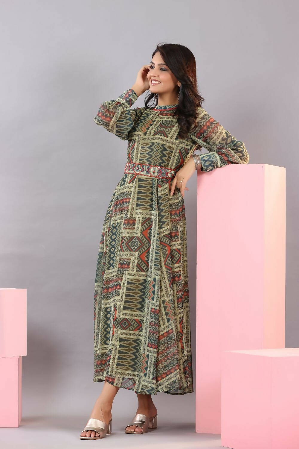 Juniper Women Green Chiffon Printed Maxi Dress | Grocsy