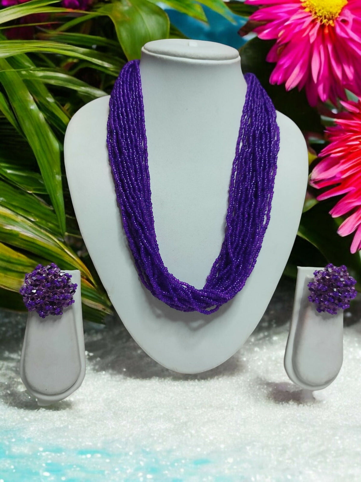 Inhanns Vibrant Handmade 20 Layers Beaded Necklace With Matching Earrings - Purple | Grocsy