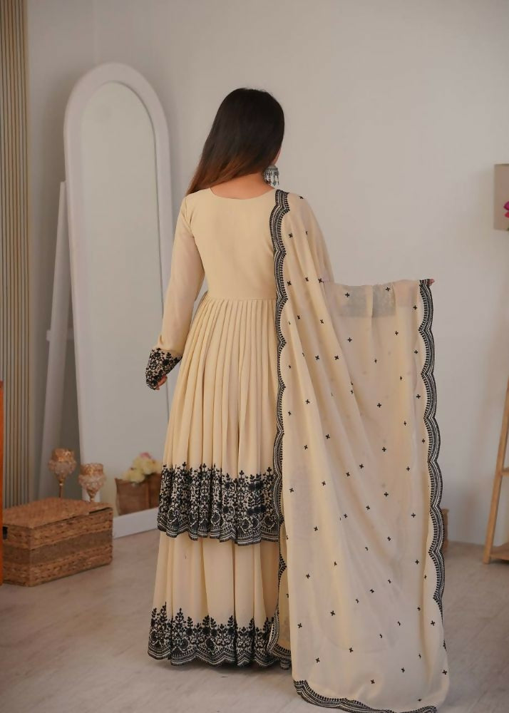 Teeya Creation Cream Color Faux Georgette Embrodiery Work Party Wear Sharara set | Grocsy