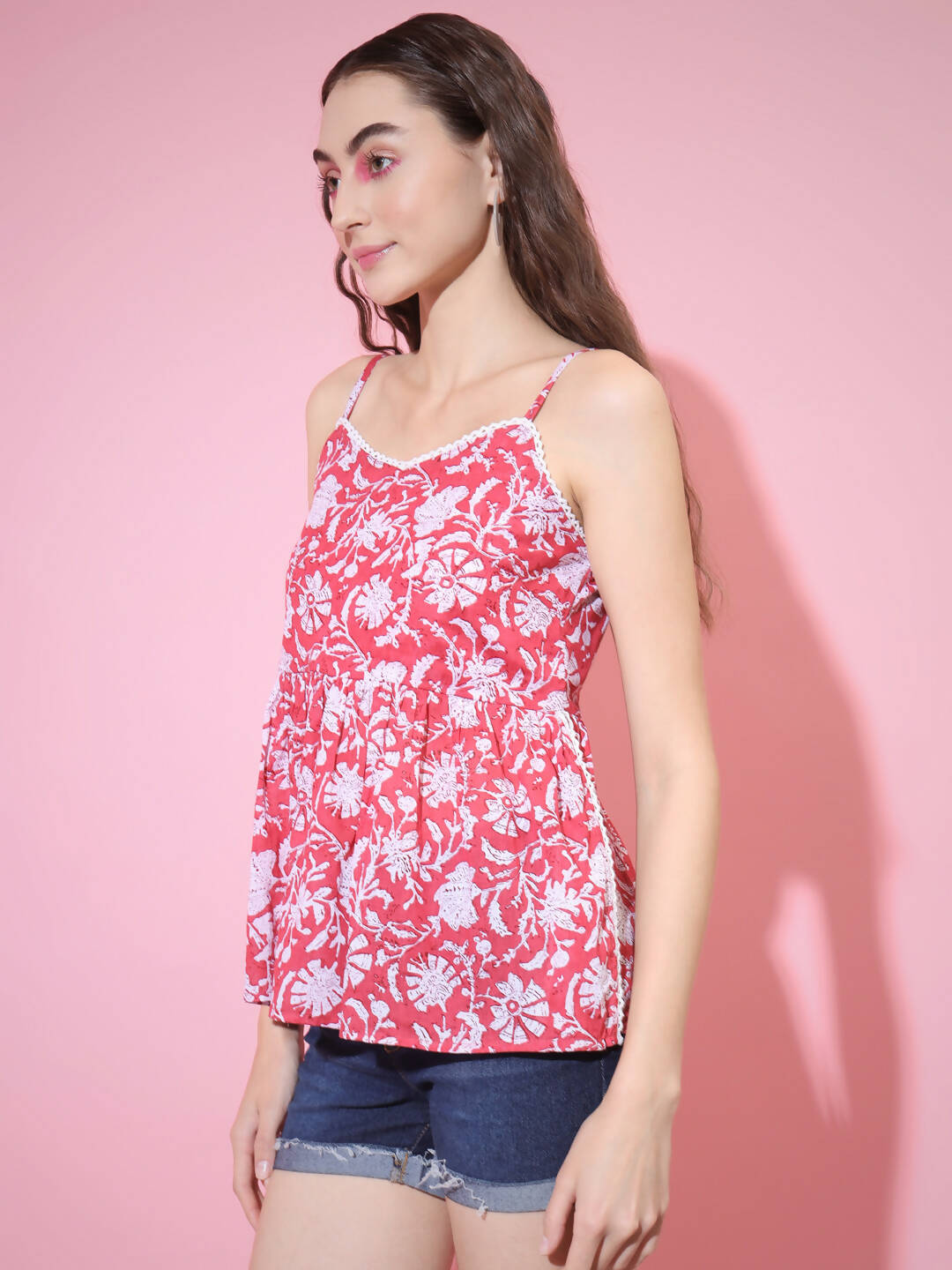 Myshka Women's Red Printed Sweetheart Neck Top | Grocsy