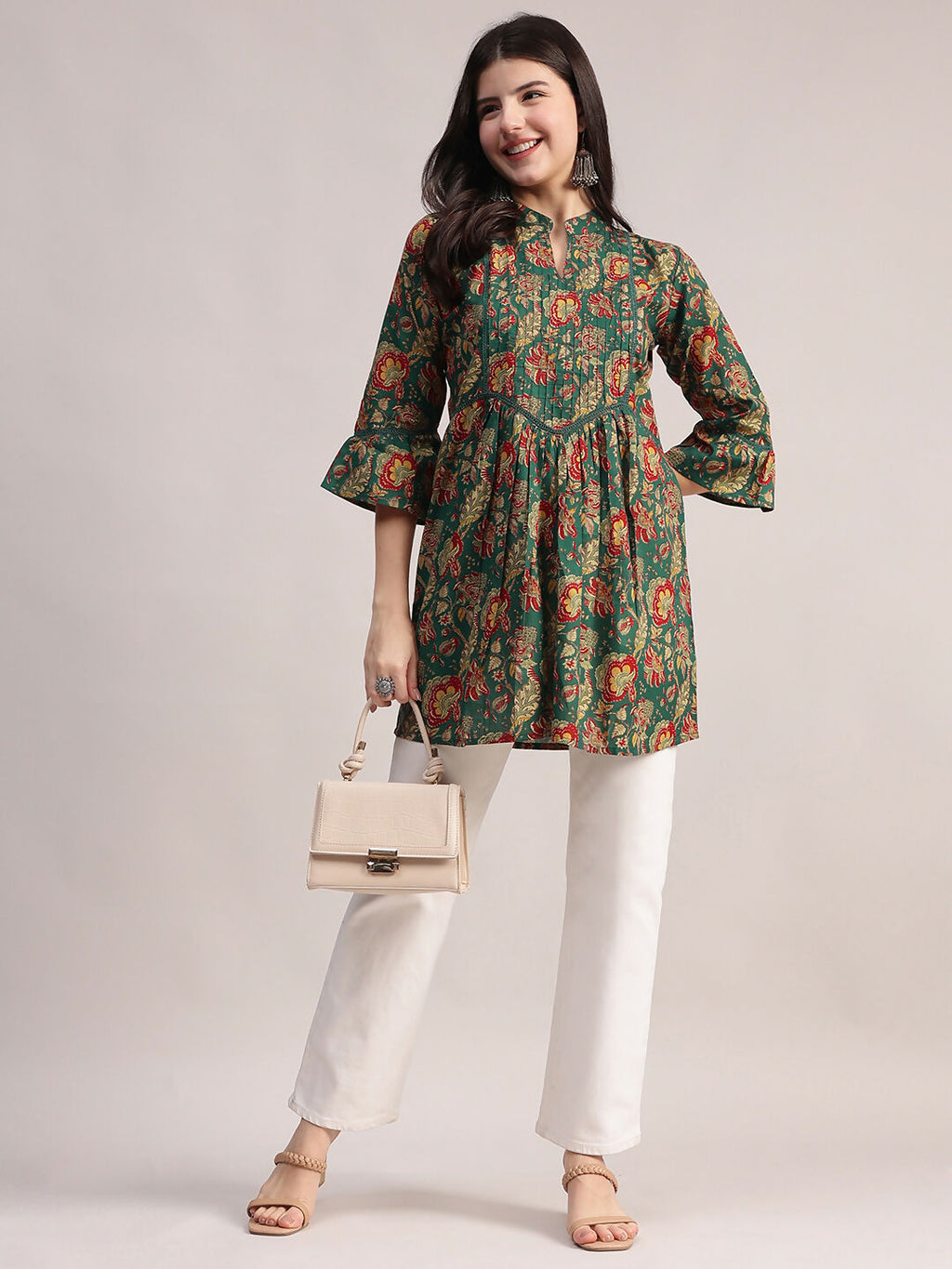 Aavyora Women's Ethnic Floral Printed Tunic - Green with Red & Gold Accents, Pin-Tucked Front, and Flared Hem | Grocsy