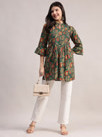 Aavyora Women's Ethnic Floral Printed Tunic - Green with Red & Gold Accents, Pin-Tucked Front, and Flared Hem | Grocsy