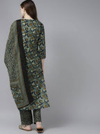 Yufta Women Olive Green Floral Yoke Design Pure Cotton Kurta with Palazzo and Dupatta | Grocsy