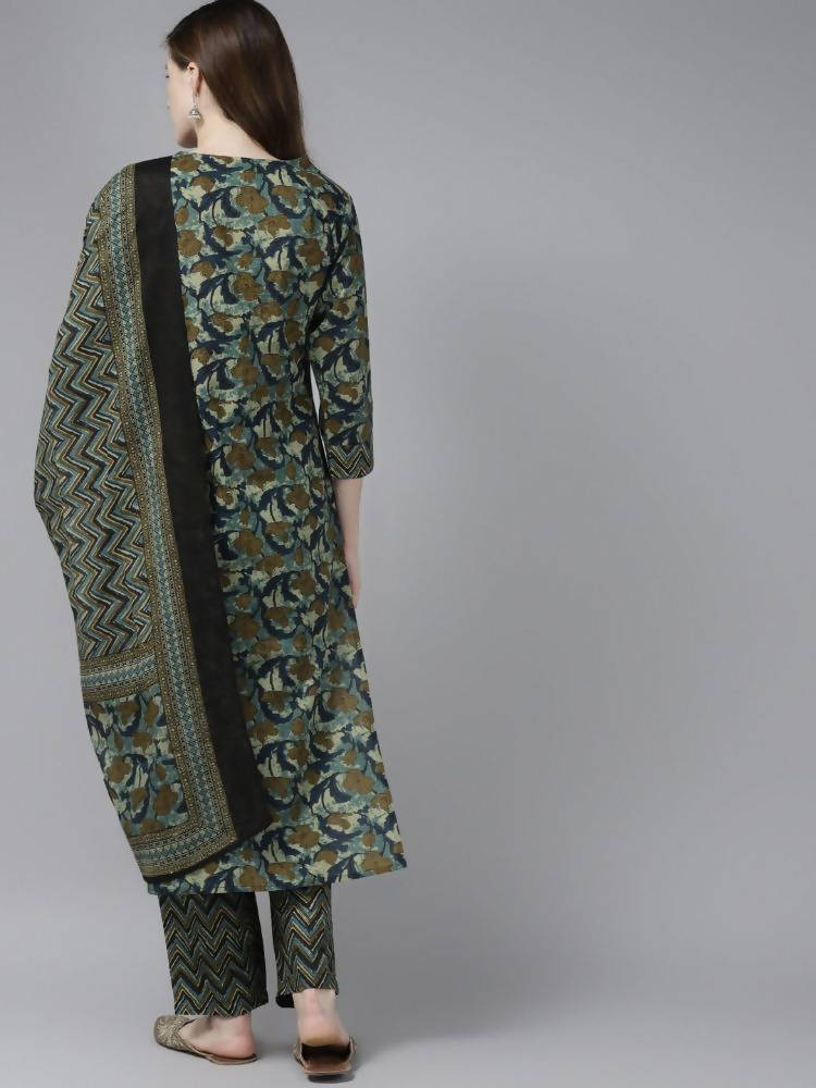 Yufta Women Olive Green Floral Yoke Design Pure Cotton Kurta with Palazzo and Dupatta | Grocsy