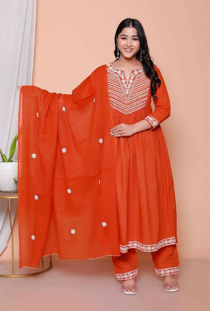 Miravan Womens Floral Embroidered Rust Straight Cotton Kurta & Palazzo With Dupatta Set | Grocsy