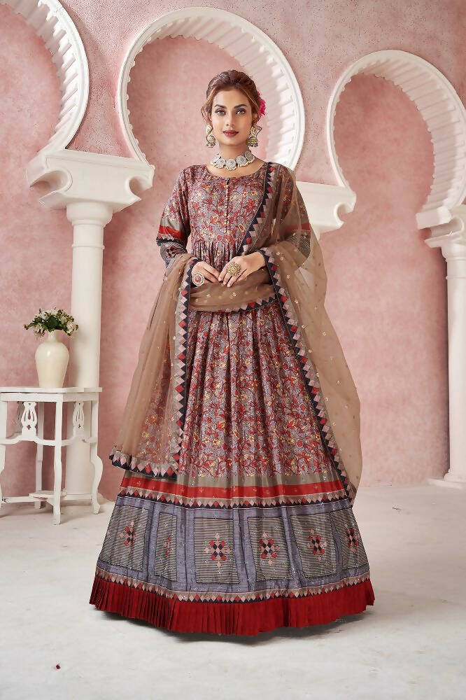 Everywhere Designer Maroon Dola Silk Gown With Dupatta - Anbazaar | Grocsy