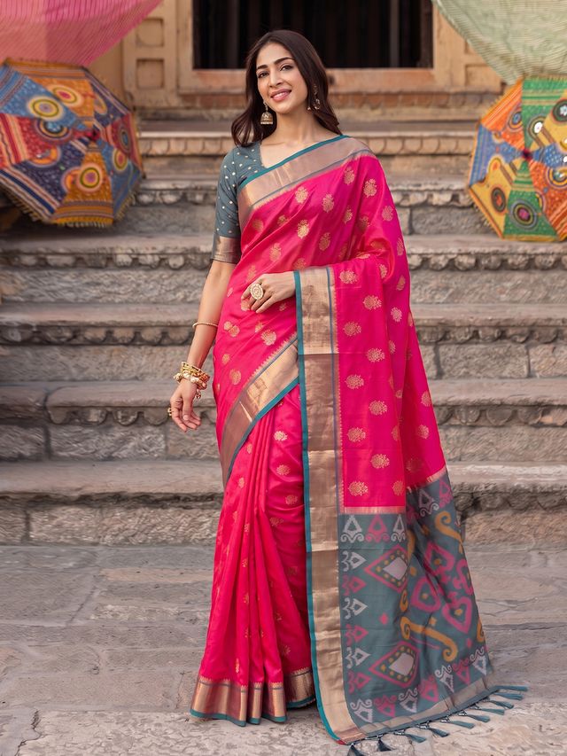Shree Shyam Fashion Rani Pink & Grey Woven Work Soft Silk Fabric Festive Wear Saree With Blouse | Grocsy