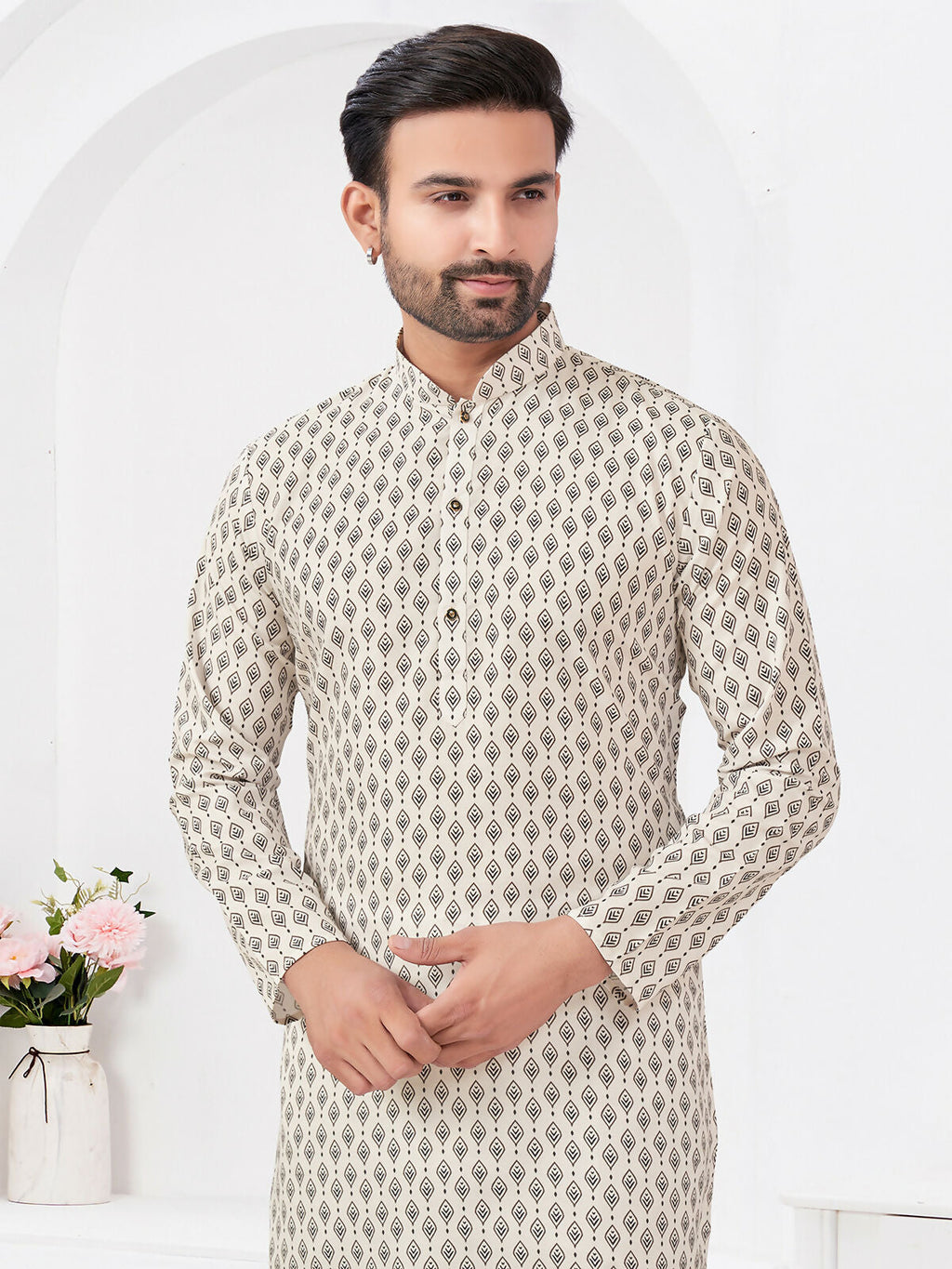 Joban Fashion Men's Rayon Cotton Cream Printed Kurta Pyjama set | Grocsy