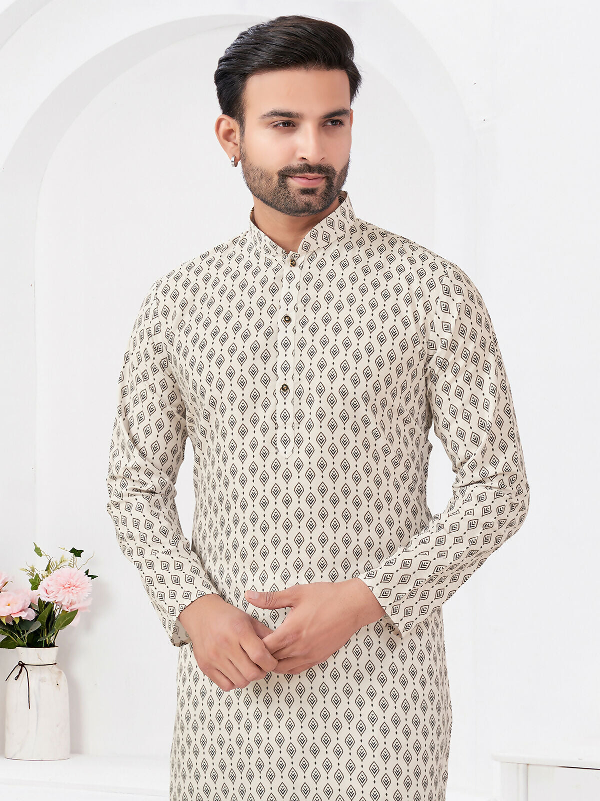 Joban Fashion Men's Rayon Cotton Cream Printed Kurta Pyjama set | Grocsy