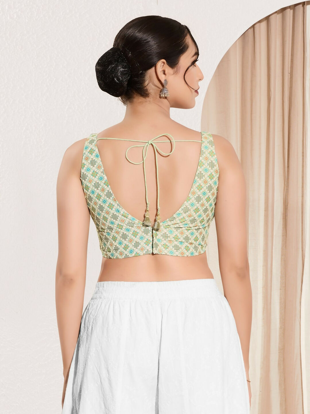 Joban Fashion Pista Green Jacquard Padded Blouse With V Neck Sleeveless | Grocsy