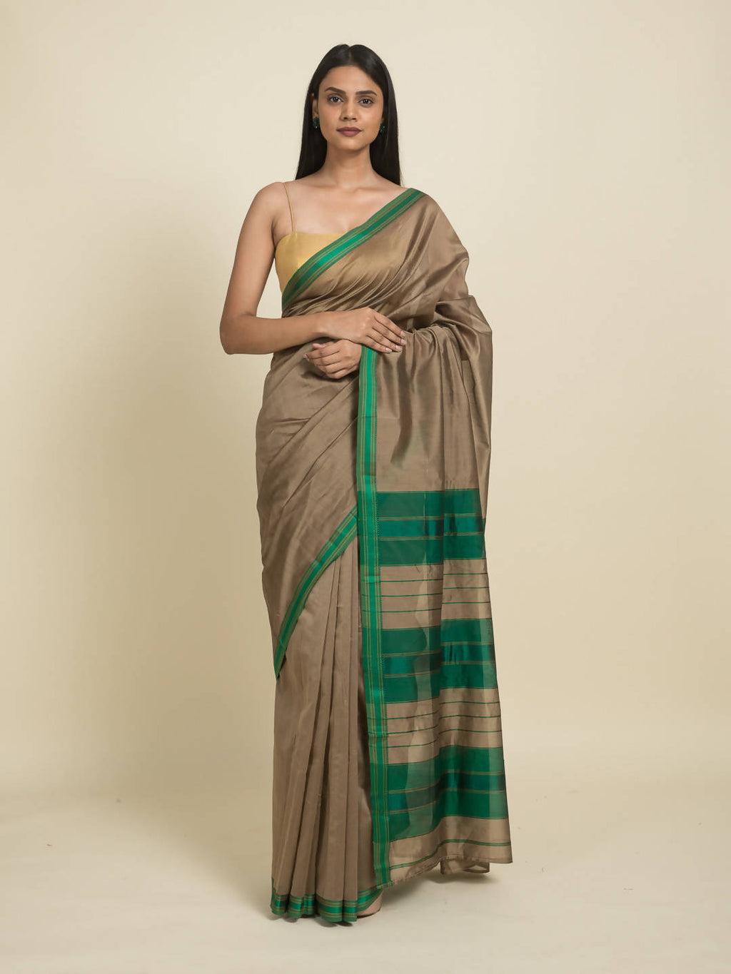 Suta Brown Green Zari Silk Cotton Maheshwari Saree | Grocsy