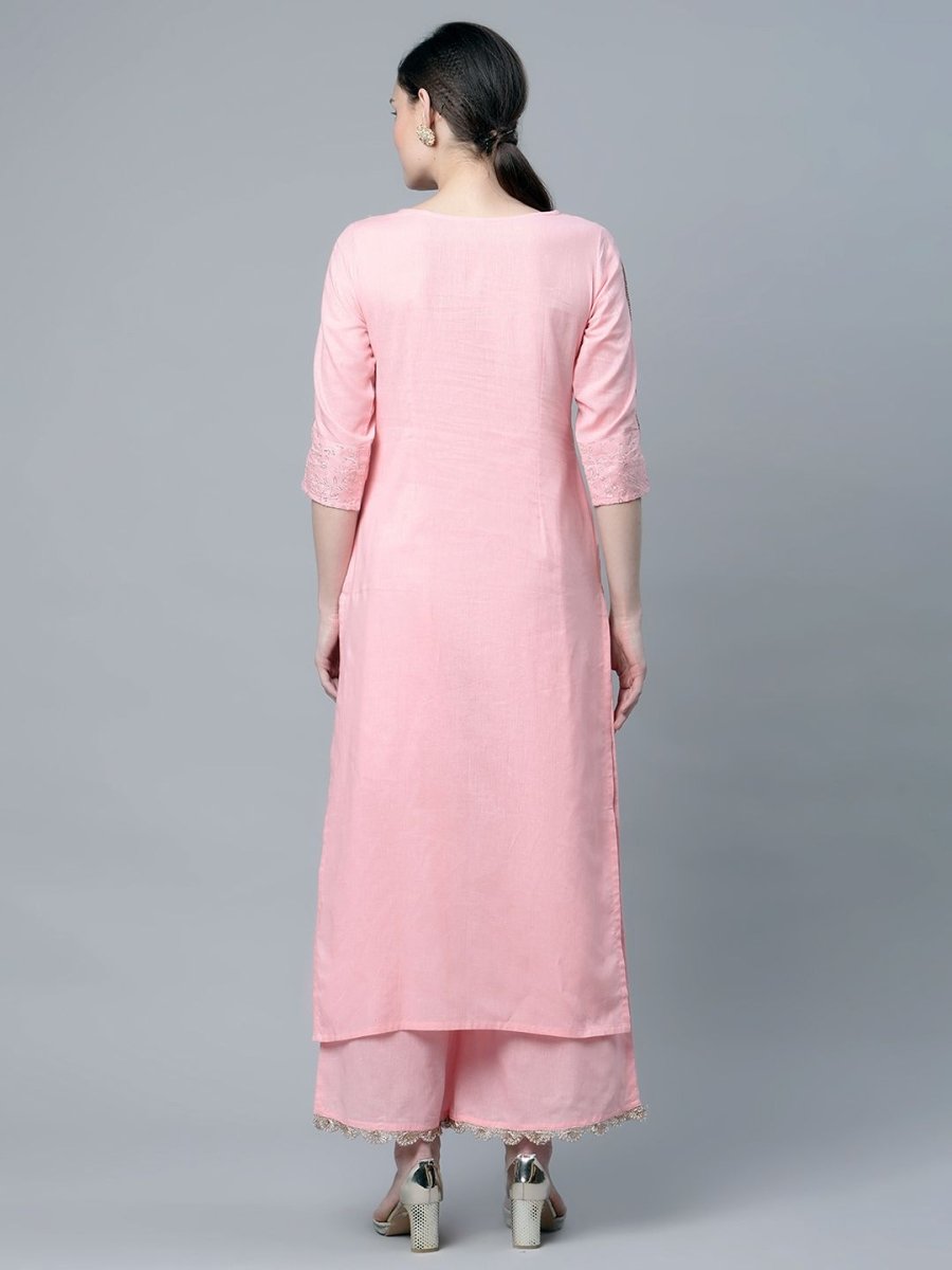 Ahalyaa Women's Baby Pink Pure Cotton Printed Kurta Palazzo Set | Grocsy