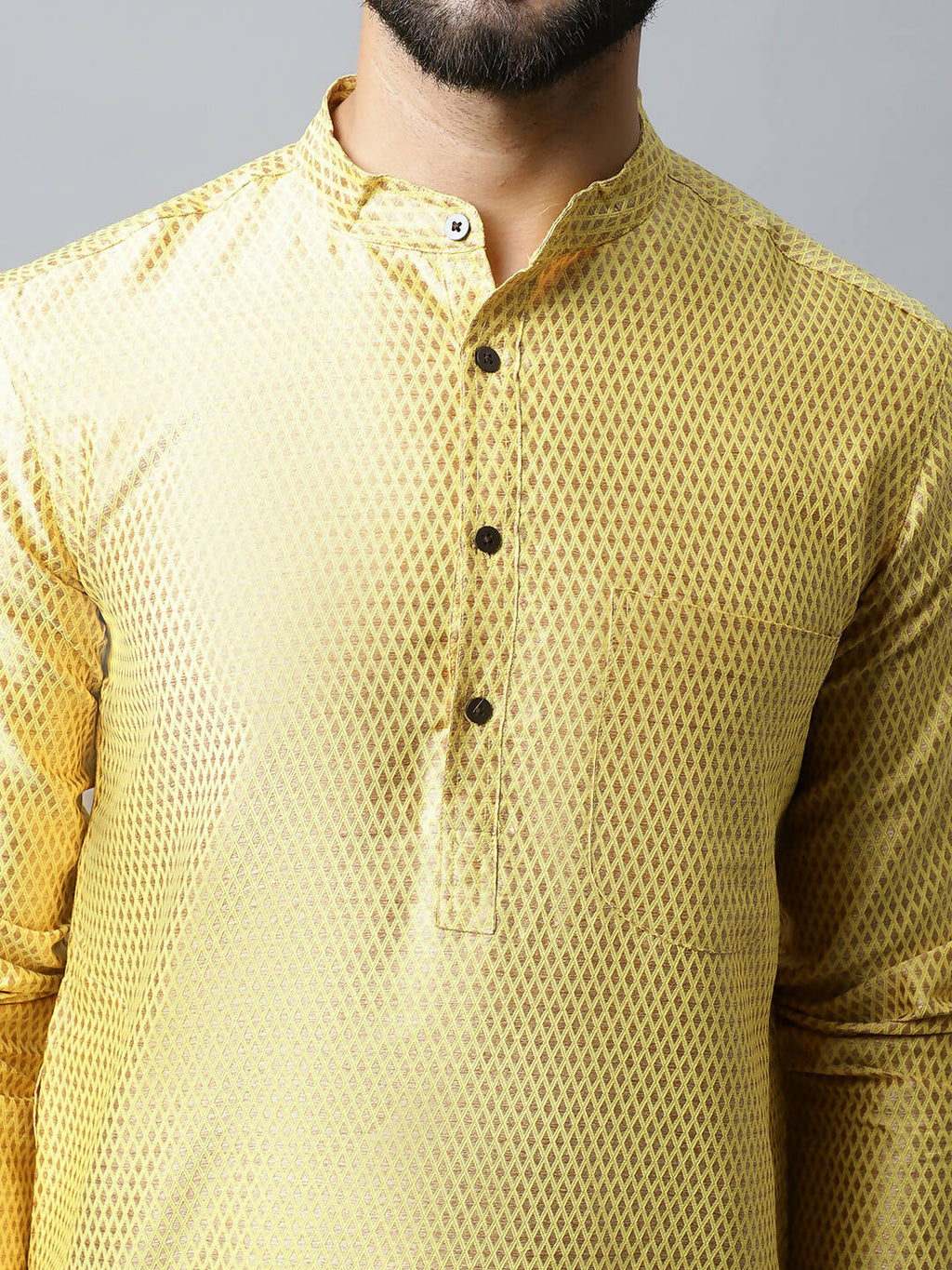 Even Apparels Yellow Color Art Silk Banarsi Silk Men's Kurta With Band Collar (BS017) | Grocsy