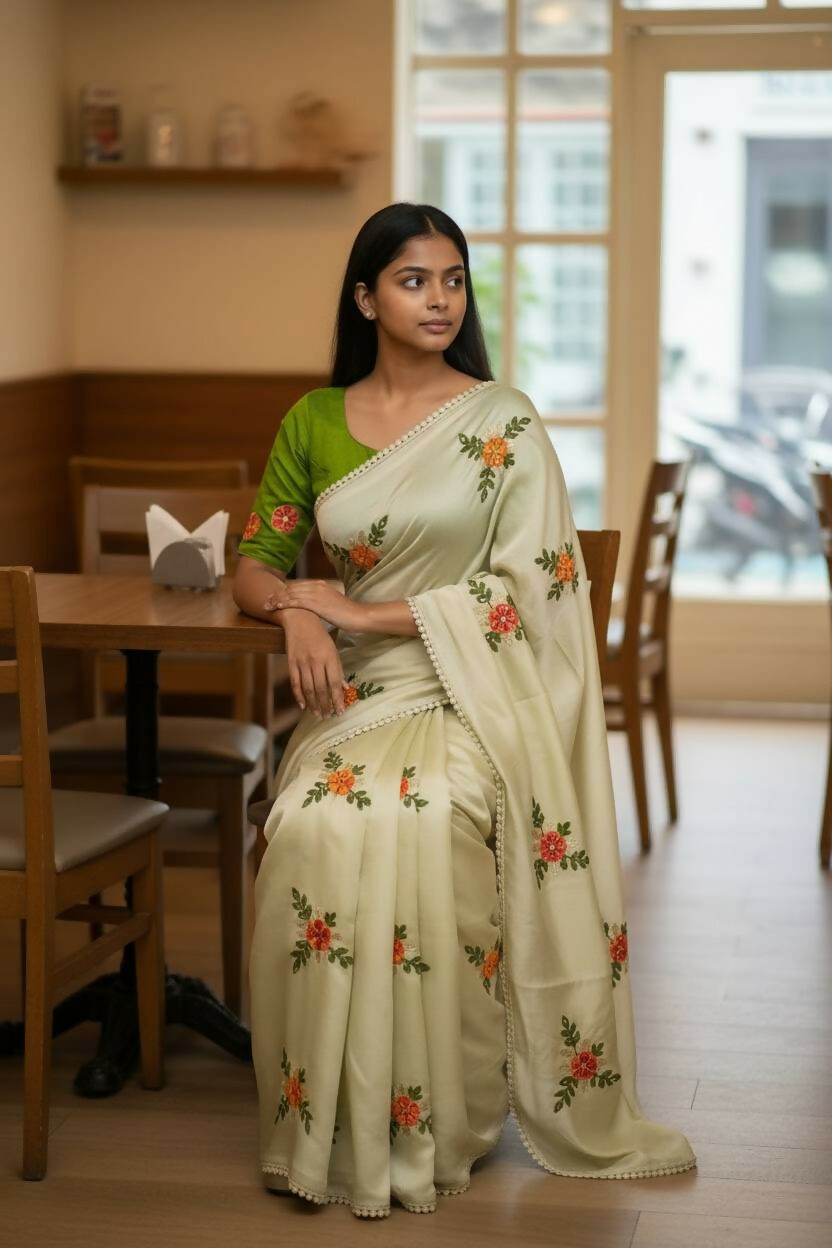 Teeya Creation Cream Rangoli Silk Embroidery Work Party Wear Designer Saree | Grocsy