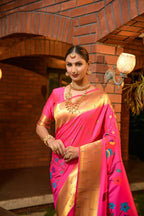 Jyoti Fashion Women's Baby Pink Paithani Silk Zari Woven Saree with Blouse | Grocsy