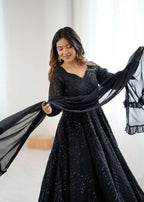The52 Women's Gorgeous Embroidery Fox Georgette Fabric Flared Anarkali Pant and Dupatta Set | Grocsy