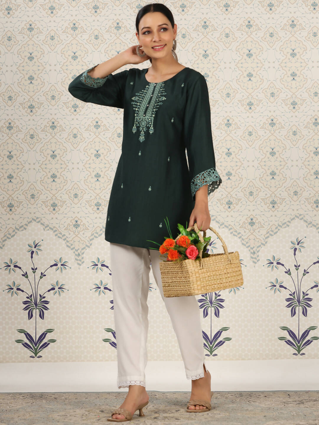 Dark Green Chinon Embroidered Straight Top - Zeny | Grocsy