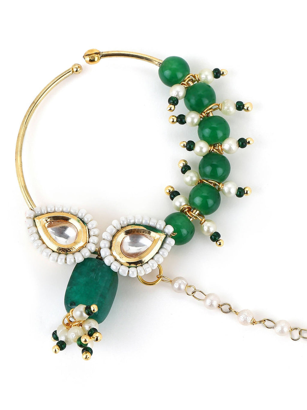 Gold-Polished White Green Kundan Studded Beaded Chain Nose Pin - Ruby Raang | Grocsy