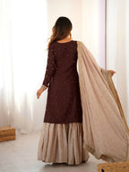Lehenga Mart Designer Sharara Suit With Kurta, Sharara, Dupatta For Women-Brown | Grocsy