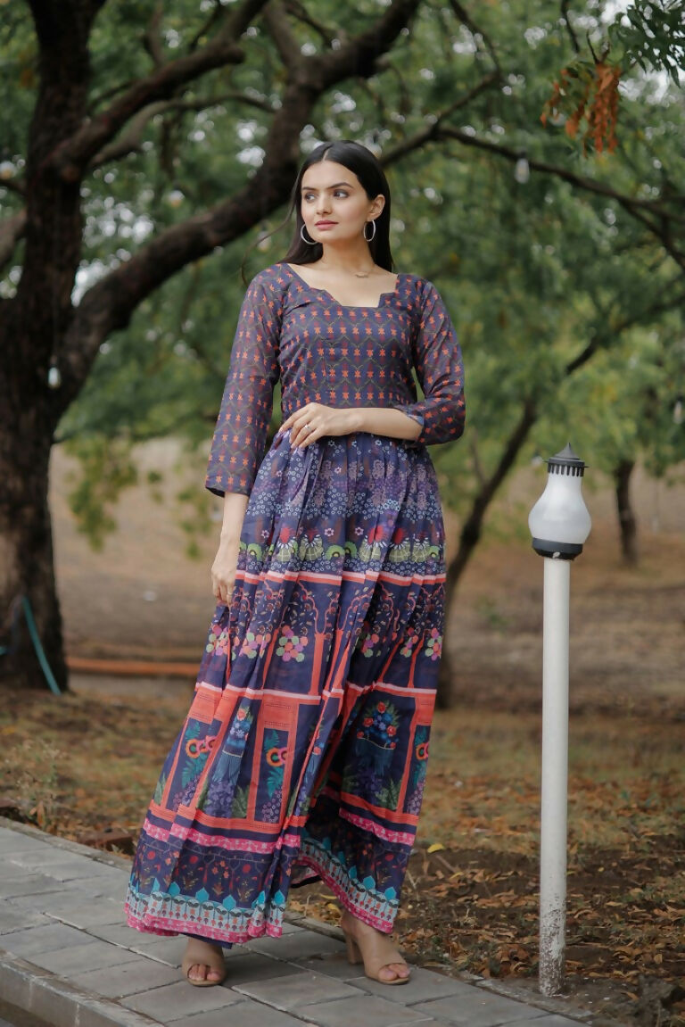 Jyoti Fashion Women's Purple Heavy Digital Printed Pure Chanderi Anarkali Dress | Grocsy