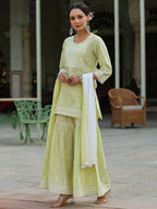 Juniper Women's Lime Green Cambric Floral Print Kurta Sharara Sets | Grocsy