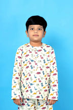 Breathables Kids Cotton Dinosaur Print Night Suit – Cream Full Sleeves Kurta & Pants Co-Ord Set | Boys & Girls Nightwear & Loungewear | Grocsy
