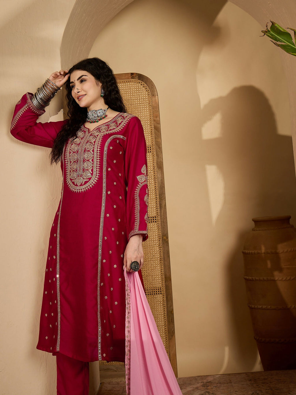 Joban Fashion Embroidery Red Vichitra Silk Kurta Set | Grocsy