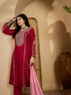 Joban Fashion Embroidery Red Vichitra Silk Kurta Set | Grocsy