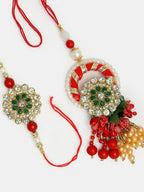 NVR Women & Men Set of 2 Red & Gold Toned Stone-Studded & Beaded Bhaiya Bhabhi Rakhi With Roli Chawal & Chocolate | Grocsy